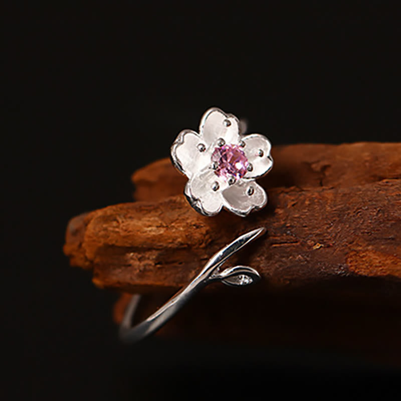 Anello regolabile Buddha Stones in argento sterling 925 con fiore di ciliegio Sakura e benedizione - image 8