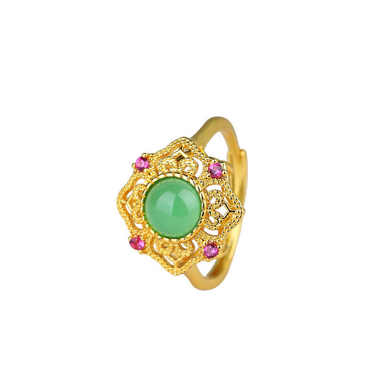 Anello regolabile Buddha Stones Calcedonio verde con motivo cavo