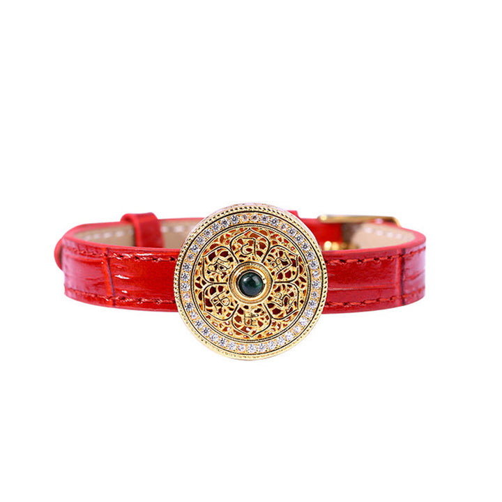 Buddha Stones Sei parole vere Otto tesori Bussola Giada Bracciale in pelle placcato oro 24K