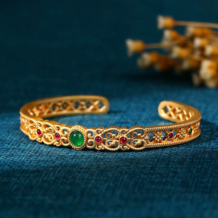 Bracciale rigido Buddha Stones Calcedonio verde 24k placcato oro rame forza polsino
