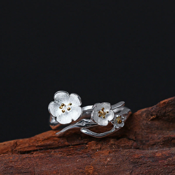 Anello di equilibrio Buddha Stones 925 Sterling Silver Plum Bossom - Stami dorati - image 0