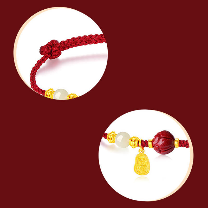 Braccialetto con corda rossa della fortuna placcato oro 24K con carattere Fu Buddha Stones Jade Cinnabar