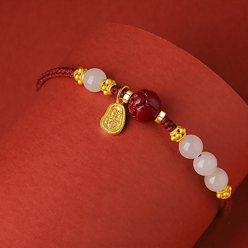 Braccialetto con corda rossa della fortuna placcato oro 24K con carattere Fu Buddha Stones Jade Cinnabar