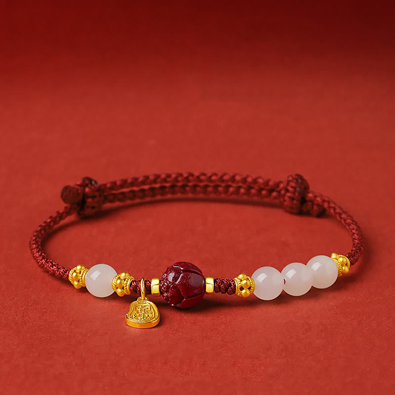 Braccialetto con corda rossa della fortuna placcato oro 24K con carattere Fu Buddha Stones Jade Cinnabar