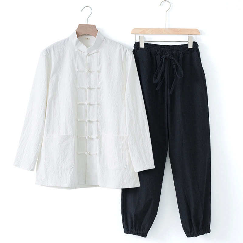 Buddha Stones Meditazione Rana-Bottone Tang Camicia Manica Lunga Pantaloni Uomo Completo - Camicia bianca e pantaloni neri - US/UK/AU44, EU54 (4XL) - image 19