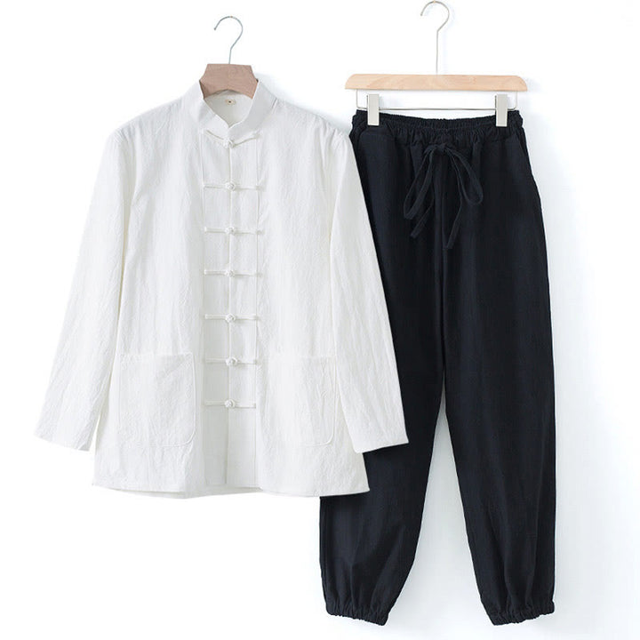 Buddha Stones Meditazione Rana-Bottone Tang Camicia Manica Lunga Pantaloni Uomo Completo - Camicia bianca e pantaloni neri - US/UK/AU44, EU54 (4XL) - image 19