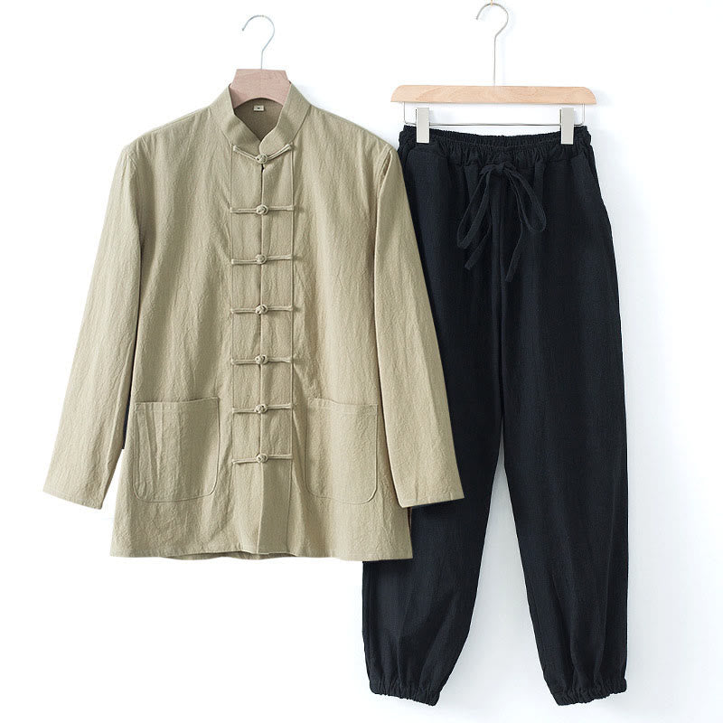 Buddha Stones Meditazione Rana-Bottone Tang Camicia Manica Lunga Pantaloni Uomo Completo - Camicia beige e pantaloni neri - US/UK/AU44, EU54 (4XL) - image 22