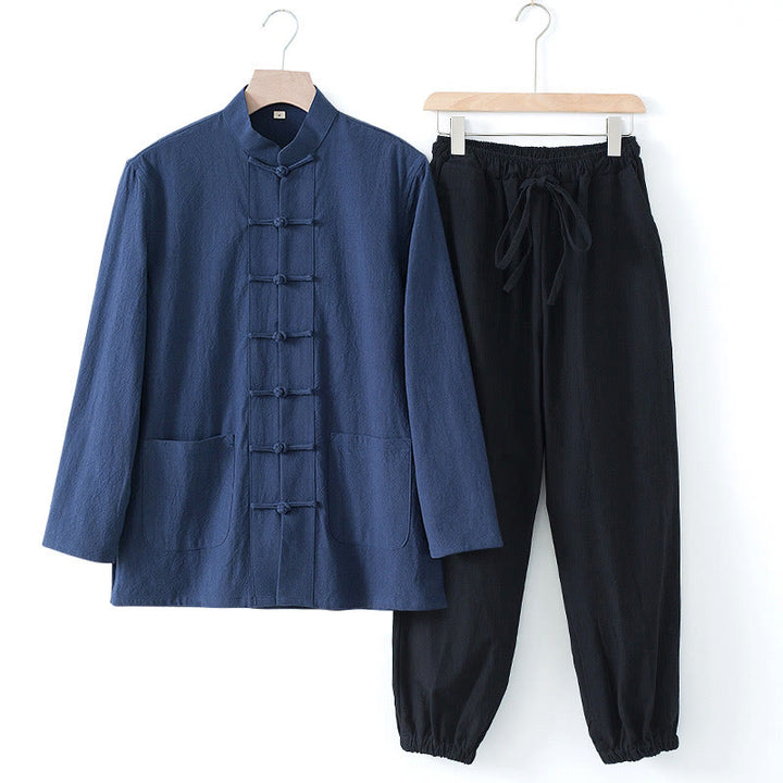 Buddha Stones Meditazione Rana-Bottone Tang Camicia Manica Lunga Pantaloni Uomo Completo - Camicia blu scuro e pantaloni neri - US/UK/AU44, EU54 (4XL) - image 0