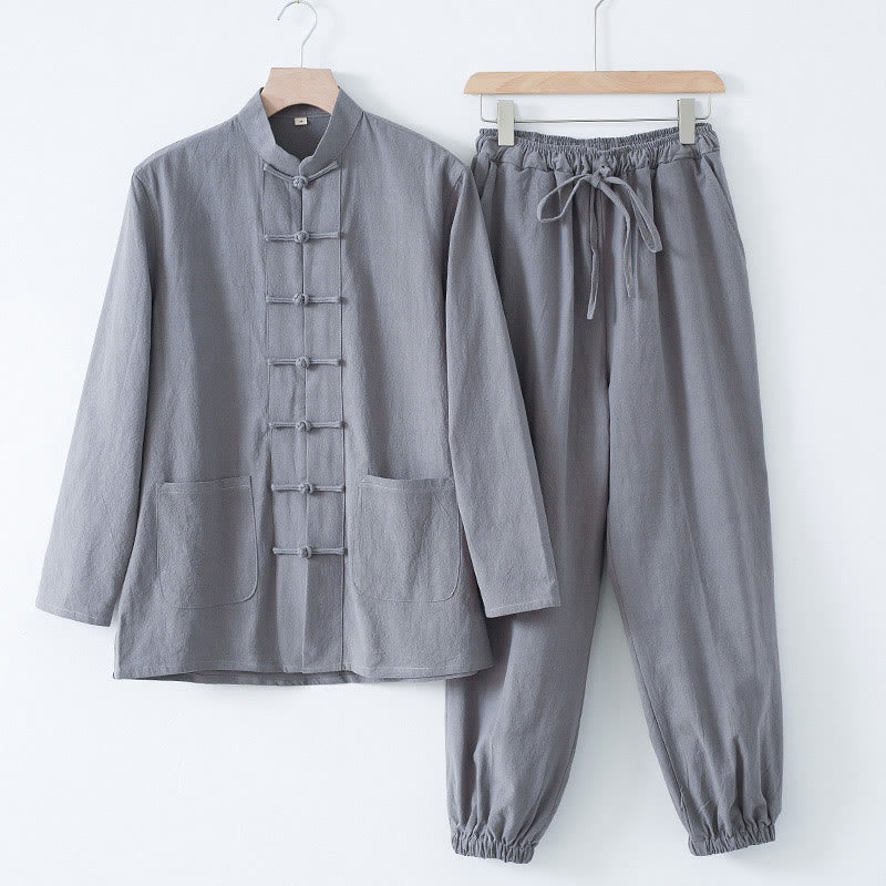 Buddha Stones Meditazione Rana-Bottone Tang Camicia Manica Lunga Pantaloni Uomo Completo - Camicia argento e pantaloni argento - US/UK/AU44, EU54 (4XL) - image 16