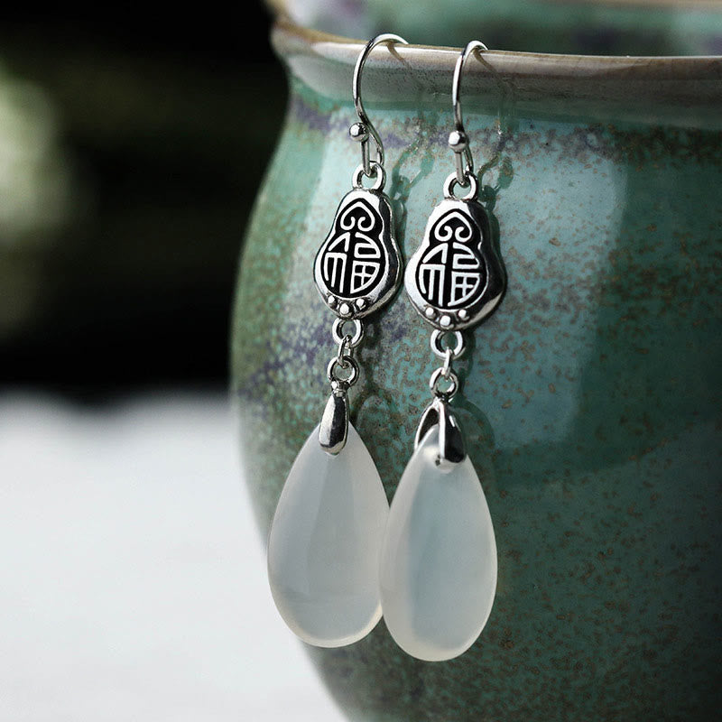 Buddha Stones 925 Argento Sterling Post Calcedonio Naturale Fu Carattere Orecchini Armonia Positiva
