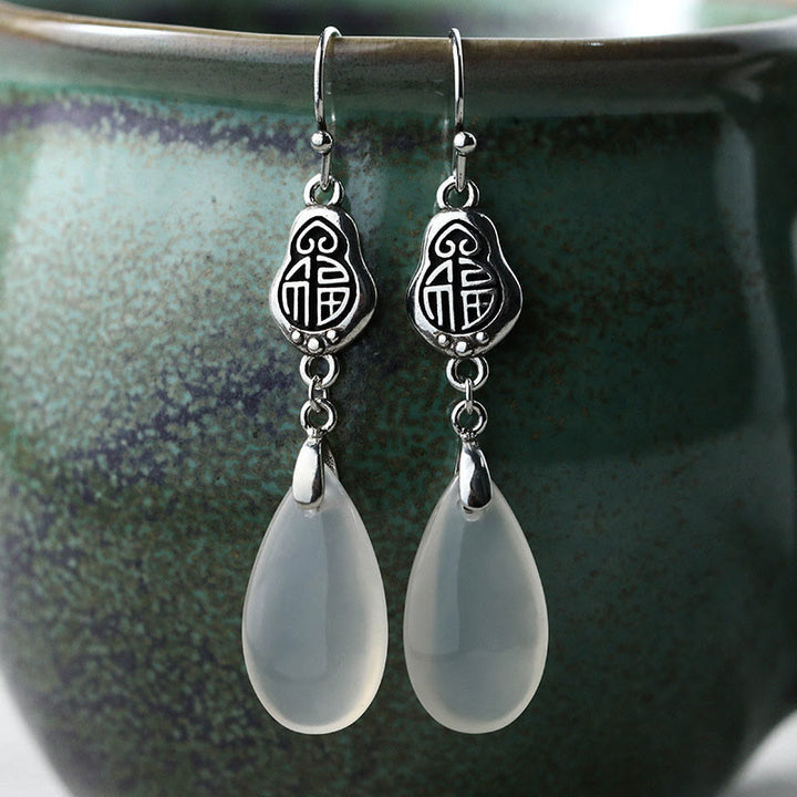 Buddha Stones 925 Argento Sterling Post Calcedonio Naturale Fu Carattere Orecchini Armonia Positiva