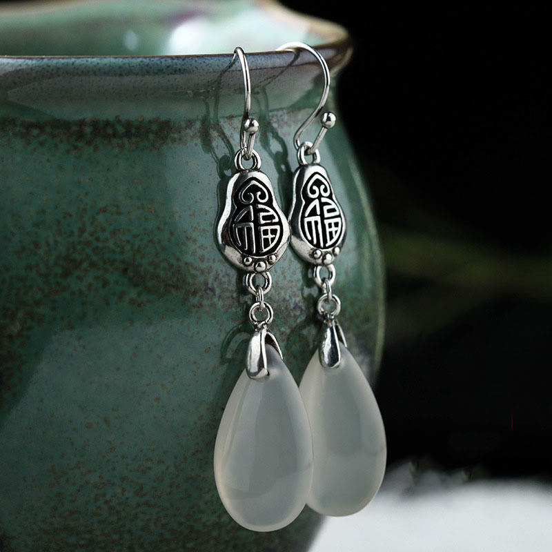 Buddha Stones 925 Argento Sterling Post Calcedonio Naturale Fu Carattere Orecchini Armonia Positiva