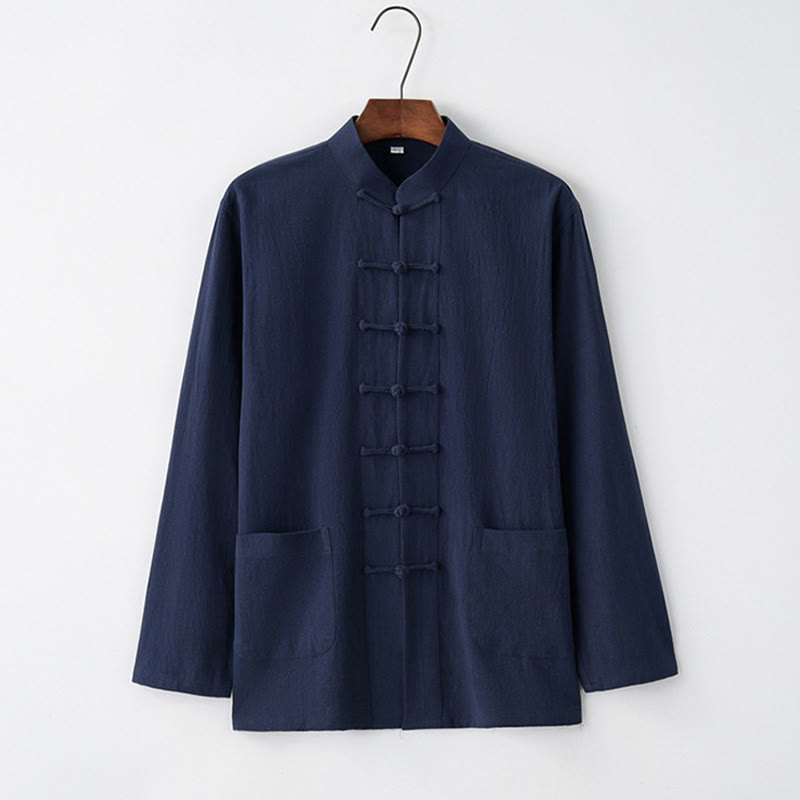 Buddha Stones Tang Frog-Bottone Camicia Manica Lunga Cotone Abbigliamento Uomo - Blu notte - US/UK/AU44, EU54 (4XL) - image 4