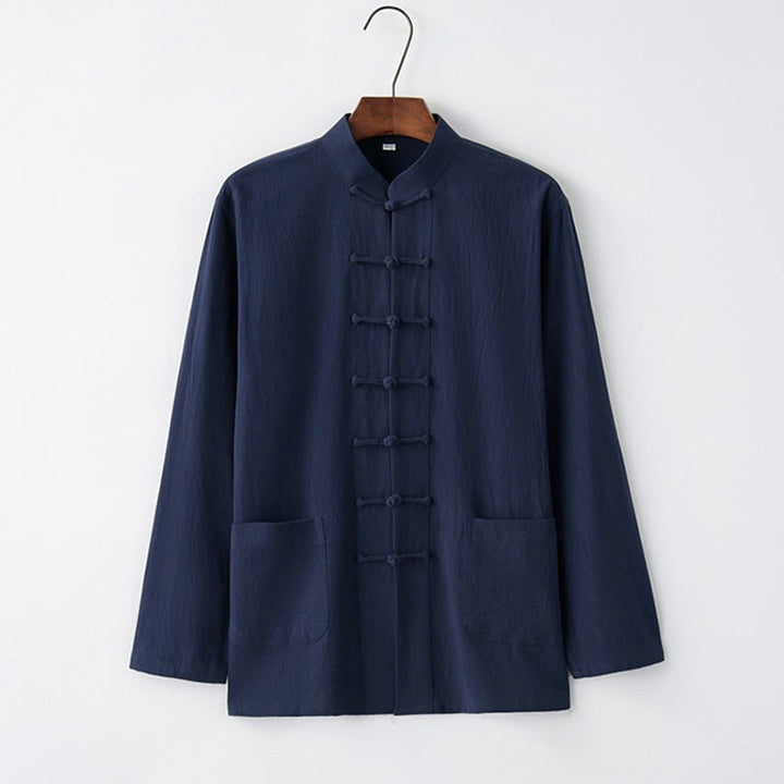 Buddha Stones Tang Frog-Bottone Camicia Manica Lunga Cotone Abbigliamento Uomo - Blu notte - US/UK/AU44, EU54 (4XL) - image 4