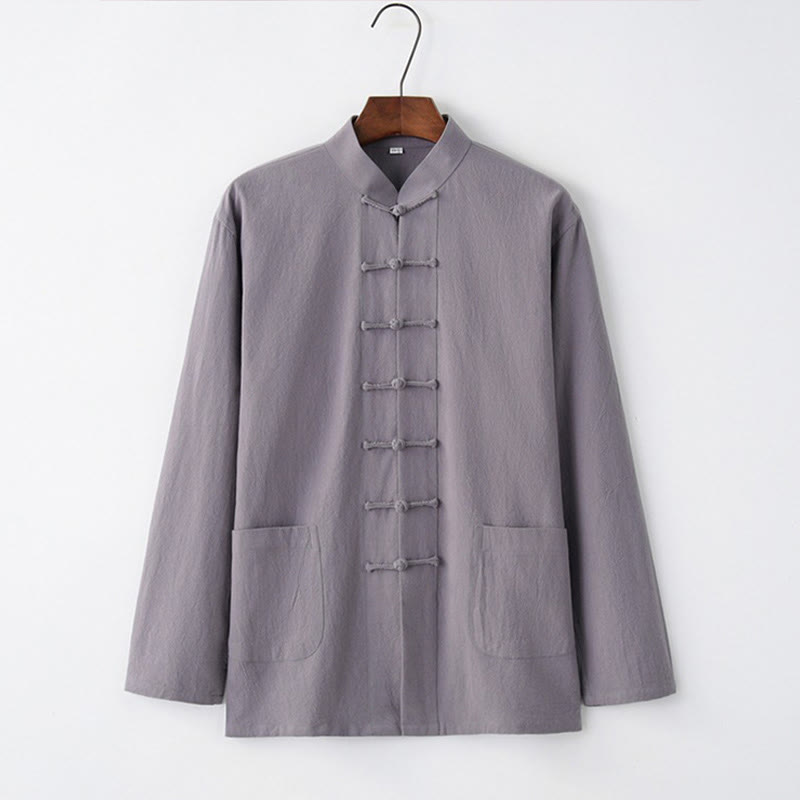 Buddha Stones Tang Frog-Bottone Camicia Manica Lunga Cotone Abbigliamento Uomo - Grigio ardesia chiaro - US/UK/AU44, EU54 (4XL) - image 0