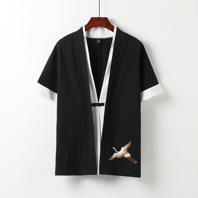 Kimono Hanfu da uomo a due pezzi con maniche corte e ricami, in cotone confortevole, con finte Buddha Stones. - Nero - US/UK/AU54, EU64 (9XL) - image 1