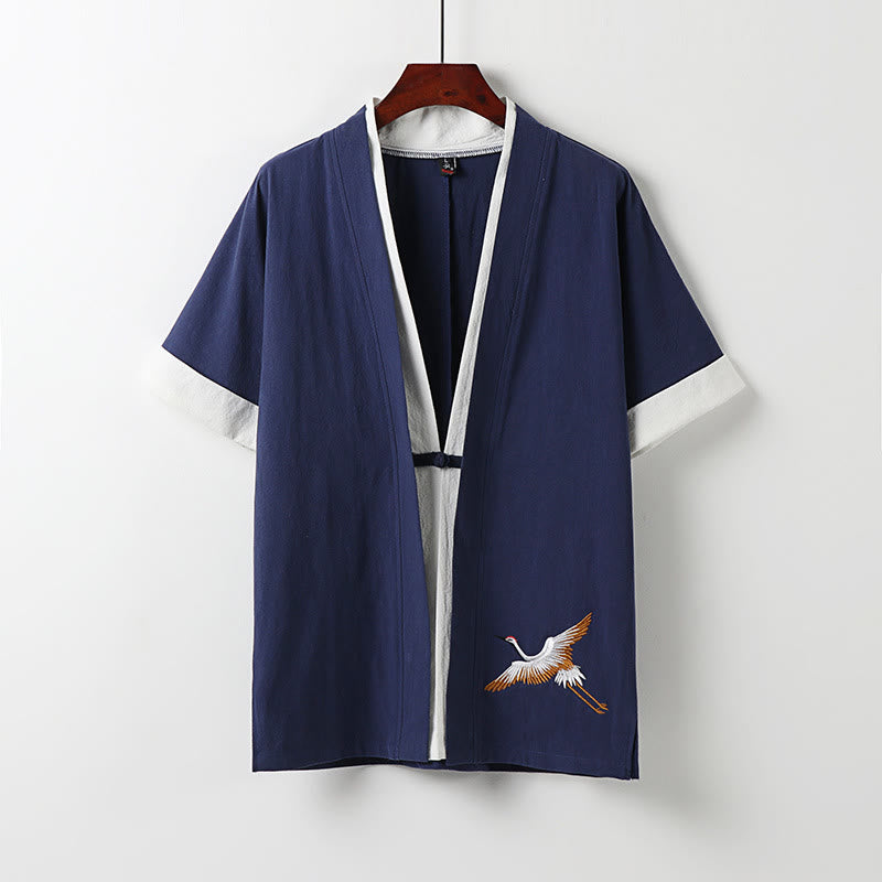 Kimono Hanfu da uomo a due pezzi con maniche corte e ricami, in cotone confortevole, con finte Buddha Stones. - Blu scuro - US/UK/AU54, EU64 (9XL) - image 2