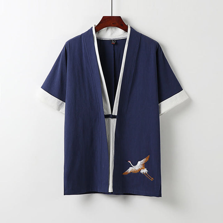 Kimono Hanfu da uomo a due pezzi con maniche corte e ricami, in cotone confortevole, con finte Buddha Stones. - Blu scuro - US/UK/AU54, EU64 (9XL) - image 2