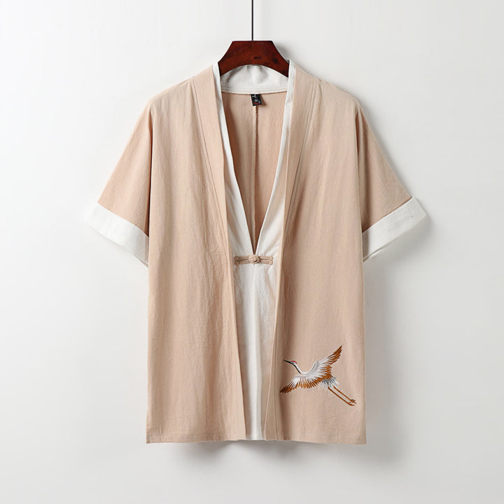 Kimono Hanfu da uomo a due pezzi con maniche corte e ricami, in cotone confortevole, con finte Buddha Stones. - PeachPuff - US/UK/AU54, EU64 (9XL) - image 12