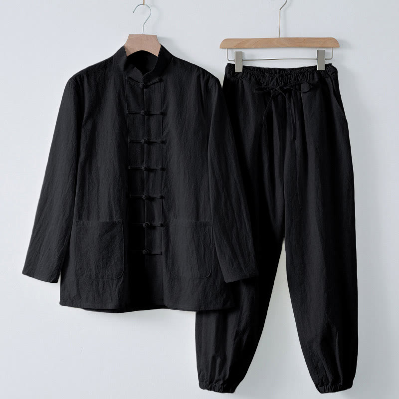 Buddha Stones Meditazione Rana-Bottone Tang Camicia Manica Lunga Pantaloni Uomo Completo - Camicia nera e pantaloni neri - US/UK/AU44, EU54 (4XL) - image 17