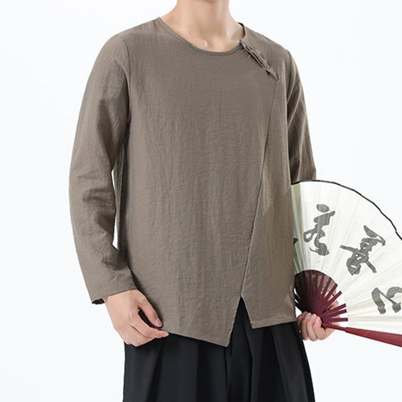 Camicia da uomo in cotone e lino con colletto rotondo e maniche lunghe Buddha Stones - image 1
