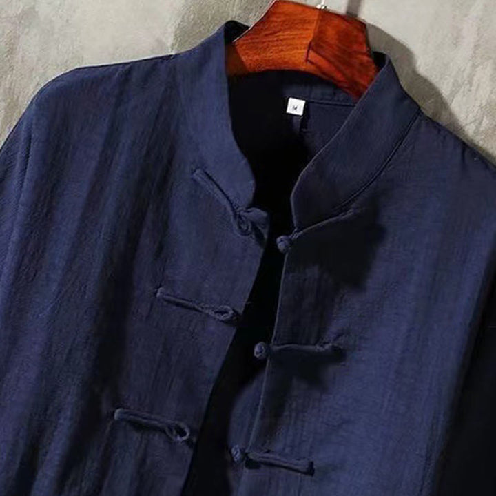Camicia da uomo a maniche lunghe con bottoni a rana e tasca, con colletto rialzato, Buddha Stones - image 8