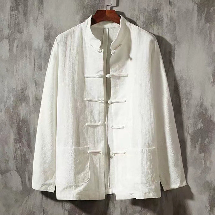Camicia da uomo a maniche lunghe con bottoni a rana e tasca, con colletto rialzato, Buddha Stones - Bianco - US/UK/AU44, EU54 (5XL) - image 0