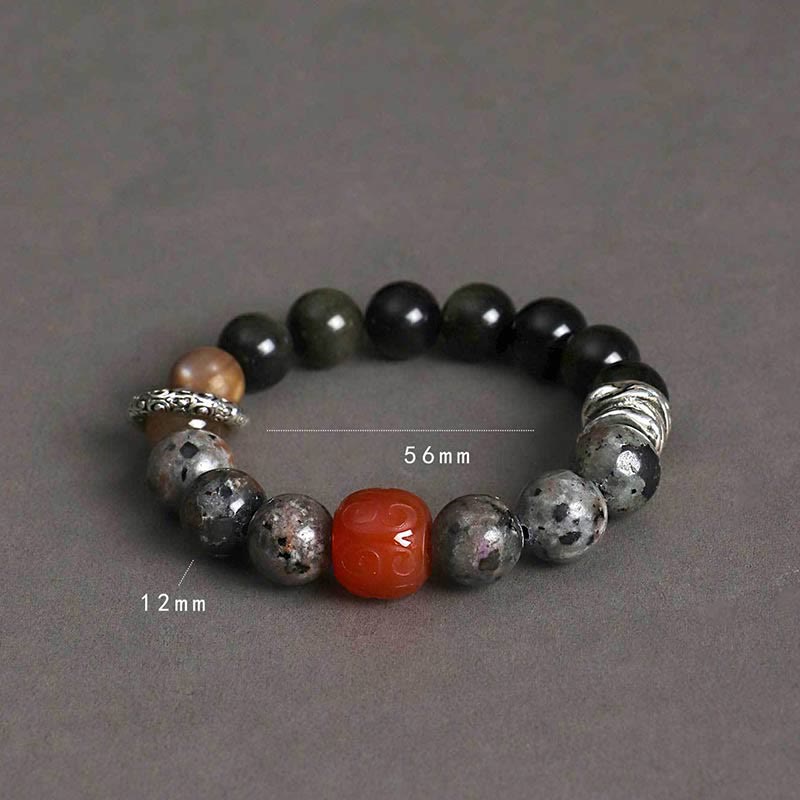 Braccialetto di protezione in agata rossa, ossidiana, pietra lavica e pietre dorate Buddha Stones