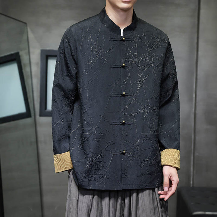 Buddha Stones Tang Suit Casual Frog-bottoni Manica Lunga Nylon Giacca Camicia Uomo Abbigliamento - Nero - US/UK/AU46, EU56 (5XL) - image 0