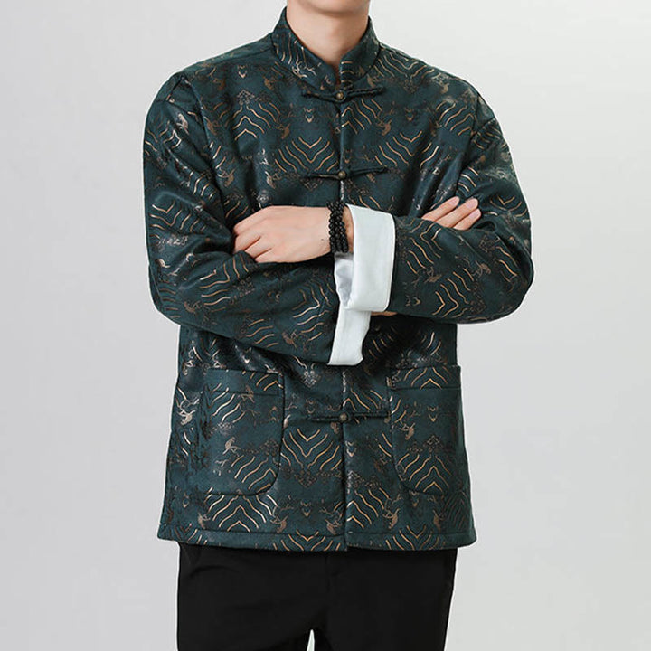 Buddha Stones Frog-Button Cinese Tang Suit Forma d'onda Camicia lunga Uomo Giacca Abbigliamento - image 15