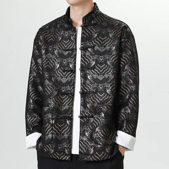 Buddha Stones Frog-Button Cinese Tang Suit Forma d'onda Camicia lunga Uomo Giacca Abbigliamento - image 4