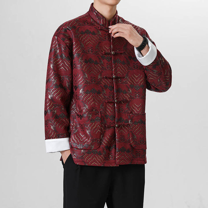 Buddha Stones Frog-Button Cinese Tang Suit Forma d'onda Camicia lunga Uomo Giacca Abbigliamento - Rosso scuro - US/UK/AU46, EU56 (5XL) - image 6
