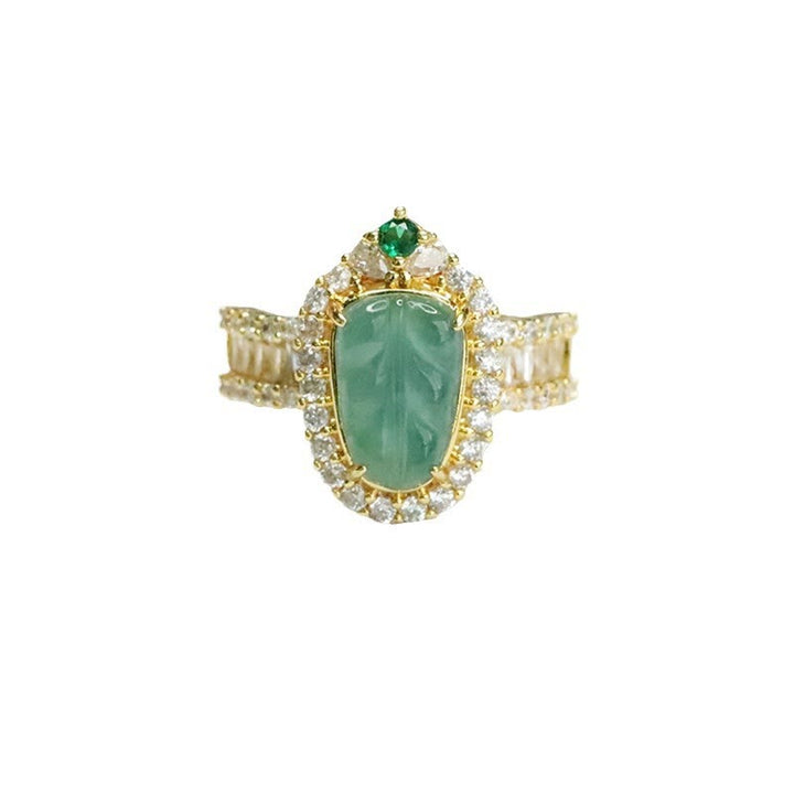 Anello regolabile con foglia di giada naturale placcata in oro Buddha Stones e diamanti pieni