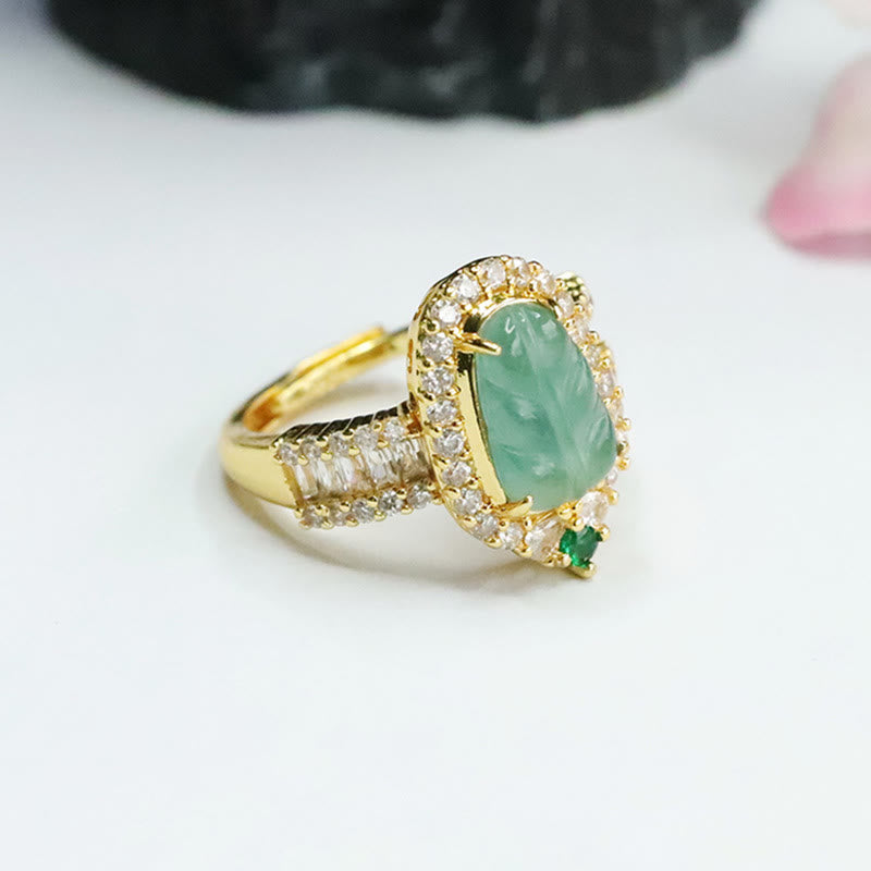 Anello regolabile con foglia di giada naturale placcata in oro Buddha Stones e diamanti pieni