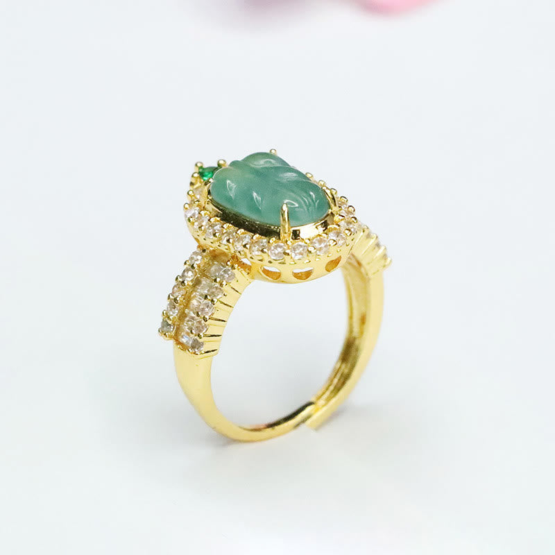 Anello regolabile con foglia di giada naturale placcata in oro Buddha Stones e diamanti pieni