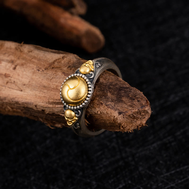 Anello regolabile Buddha Stones in argento sterling 925 placcato oro con scheletro in equilibrio - image 1