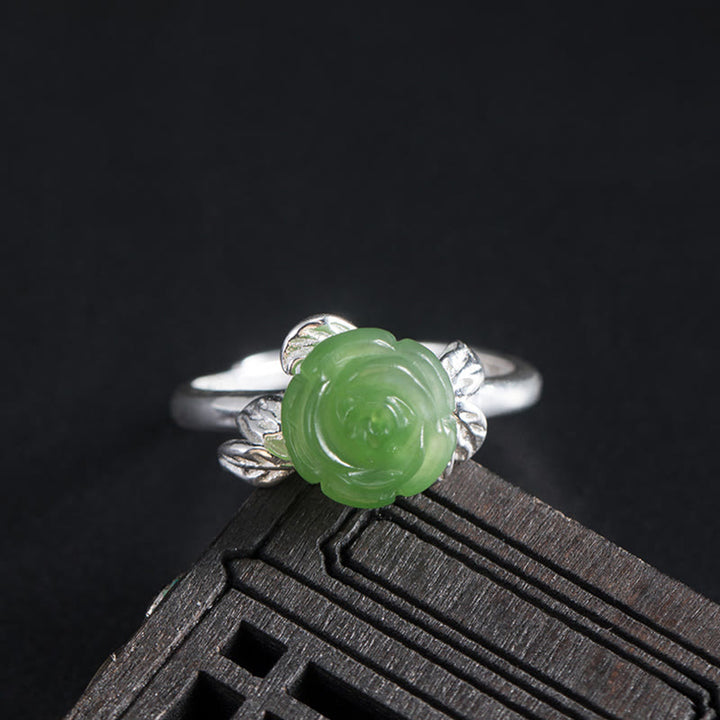 Anello regolabile Buddha Stones 925 Sterling Silver Jade Green Rose Luck - Rosa di giada (circonferenza: 56-59 mm) - image 0