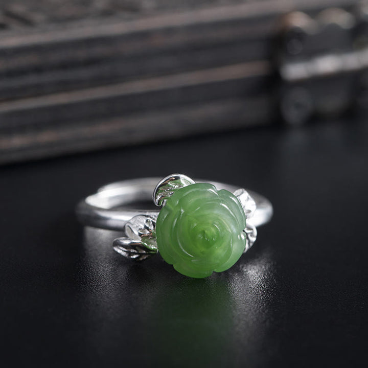 Anello regolabile Buddha Stones 925 Sterling Silver Jade Green Rose Luck - image 4