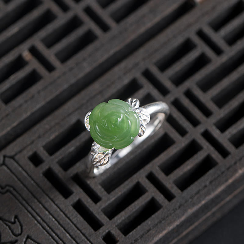 Anello regolabile Buddha Stones 925 Sterling Silver Jade Green Rose Luck - image 8