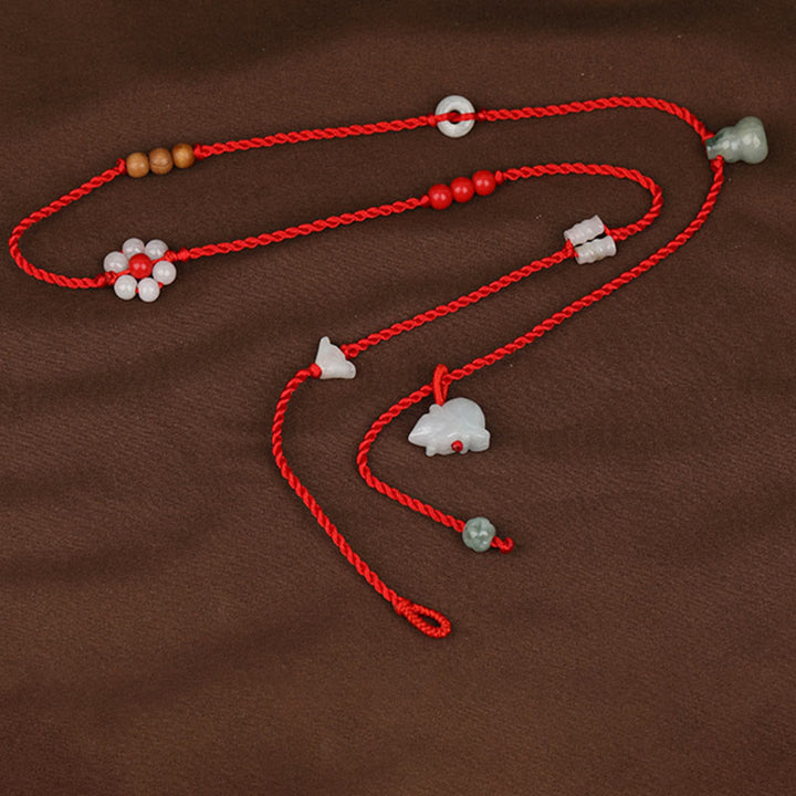 Buddha Stones Zodiaco cinese Legno di pesca Benedizione Catena per la pancia con corda rossa