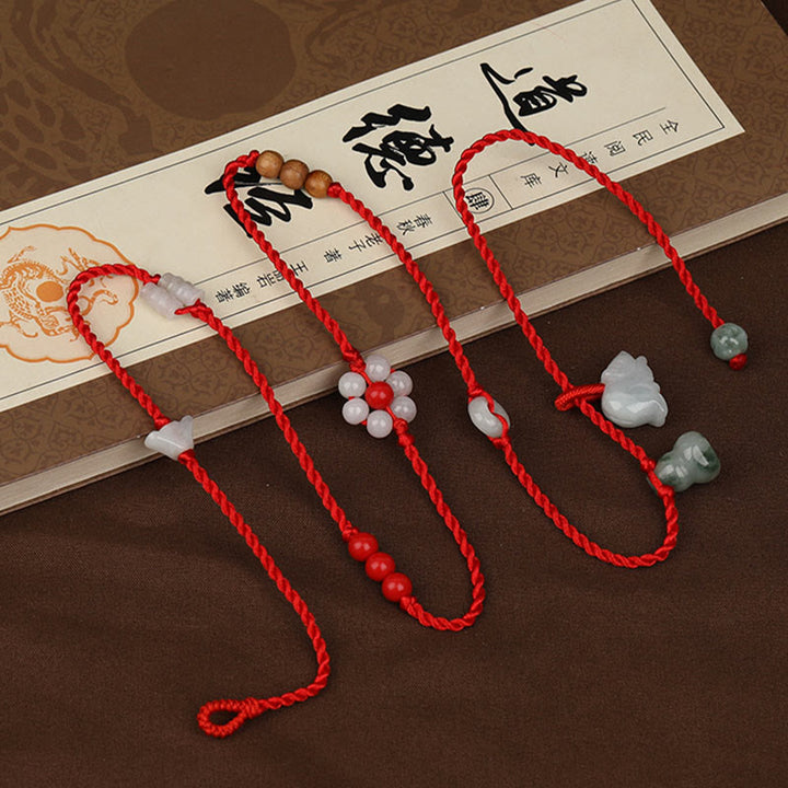 Buddha Stones Zodiaco cinese Legno di pesca Benedizione Catena per la pancia con corda rossa