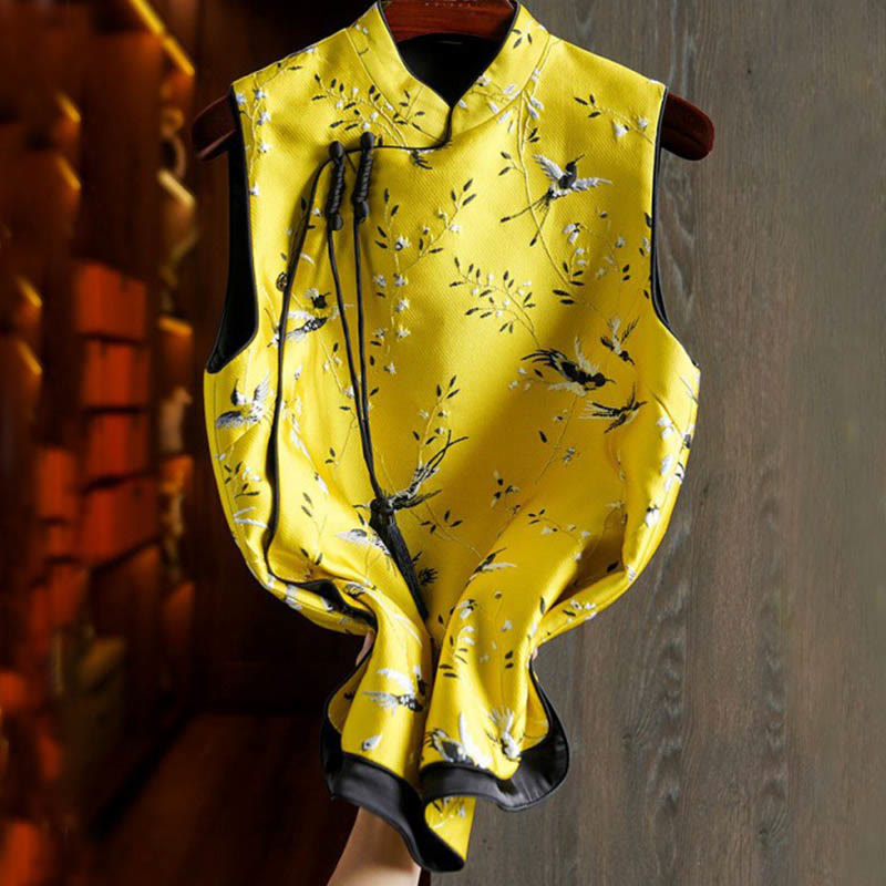 Buddha Stones Vintage Ricamo Gru Piante Modello Nodo Bottone Gilet - image 1