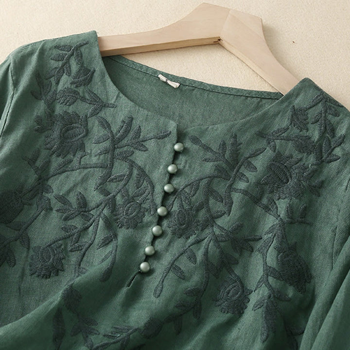 Camicie da donna in cotone e lino con scollo rotondo, maniche lunghe , Buddha Stones, casual, con ricamo floreale - image 25