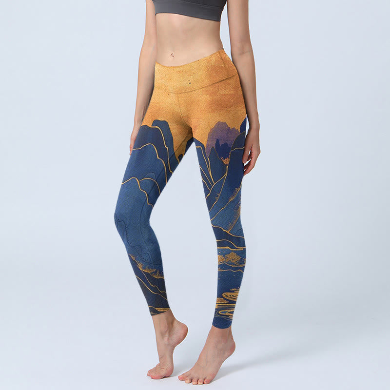 Leggings fitness con stampa tramonto montagna blu scuro Buddha Stones Pantaloni yoga da donna - Blu mezzanotte - US18, UK/AU22, EU50 (4XL) - image 0