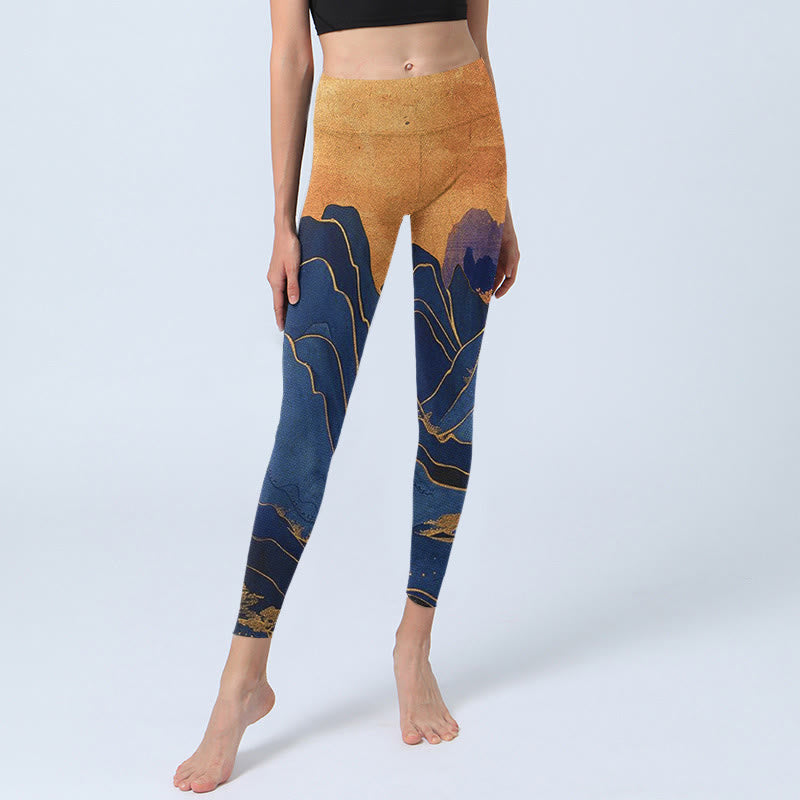 Leggings fitness con stampa tramonto montagna blu scuro Buddha Stones Pantaloni yoga da donna - image 5