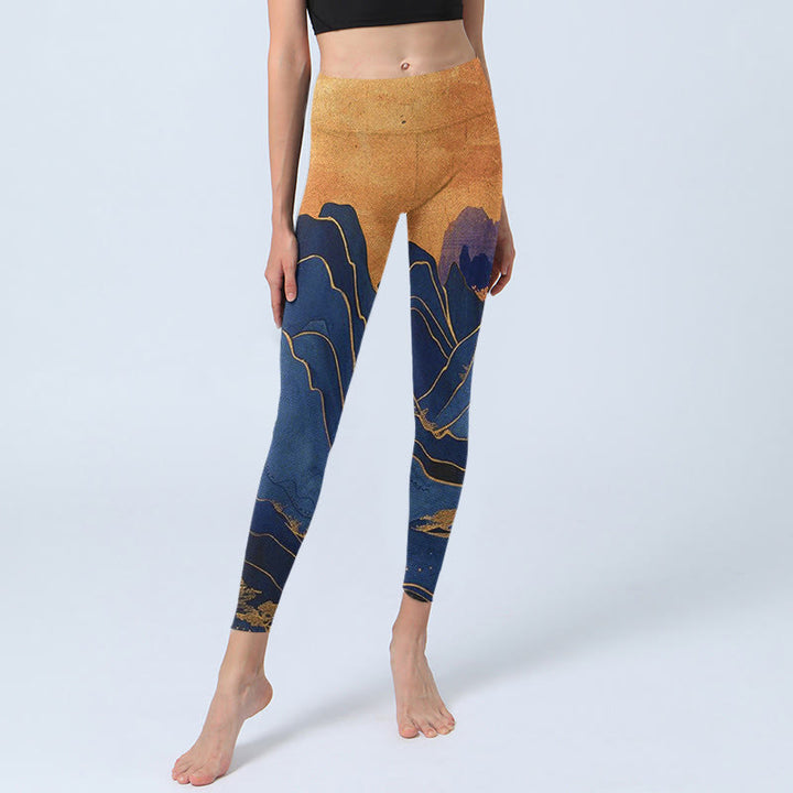 Leggings fitness con stampa tramonto montagna blu scuro Buddha Stones Pantaloni yoga da donna - image 5