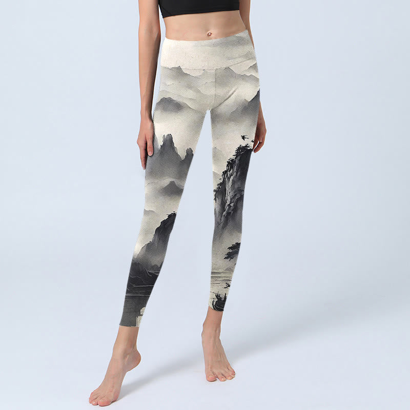 Leggings fitness da donna con stampa di paesaggio con schizzi di inchiostro Buddha Stones , pantaloni da yoga - image 6