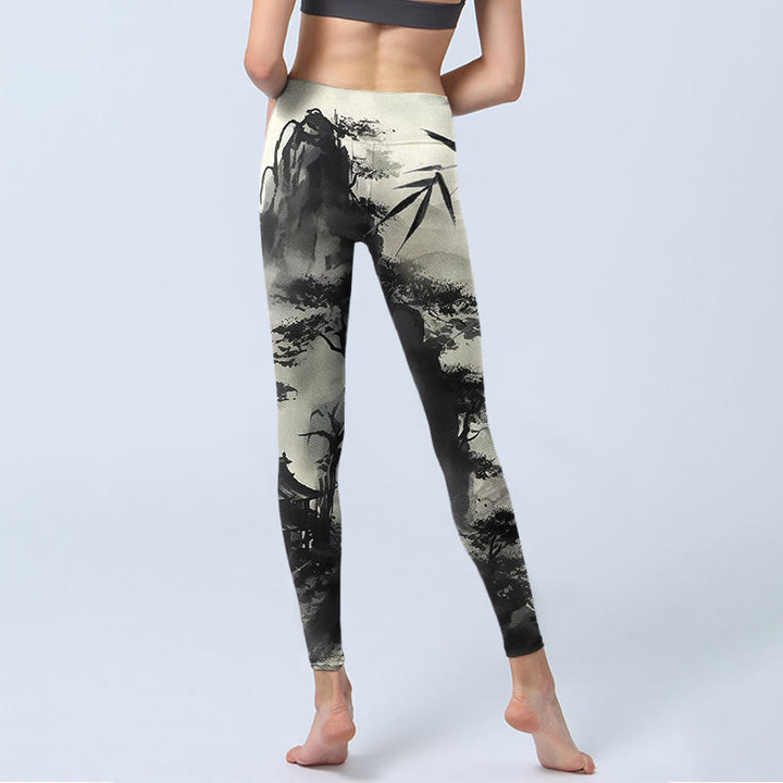 Leggings da palestra con stampa Buddha Stones Ink Bamboo Pine Mountains Pantaloni da yoga da donna - image 6