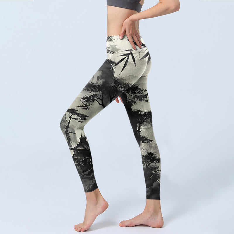 Leggings da palestra con stampa Buddha Stones Ink Bamboo Pine Mountains Pantaloni da yoga da donna - image 2
