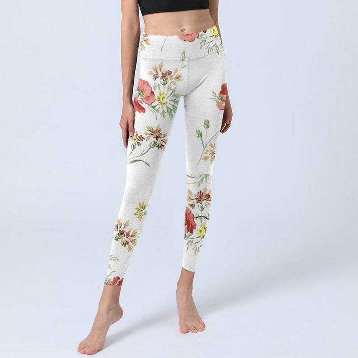 Leggings sportivi con stampa di fiori rossi e margherite bianche Buddha Stones Pantaloni da yoga da donna - image 5